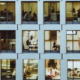 blue office building with windows