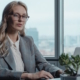 Woman in suit typing on laptop